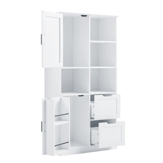 Freestanding Bathroom Storage Cabinet With Doors And Drawers, Adjustable Shelf, Open Shelves - White