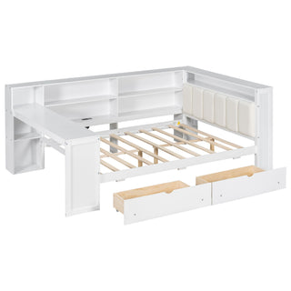Platform Bed With Storage Shelves, Drawers, Charging Station, LED, Desk