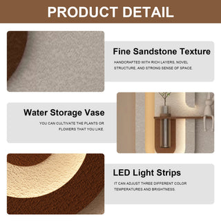 Adjustable LED Sandstone Wall Decor With Simulated Plants 3D Art Sculpture, Glass Vase & Rabbit Statue, Remote Control - Light Coffee