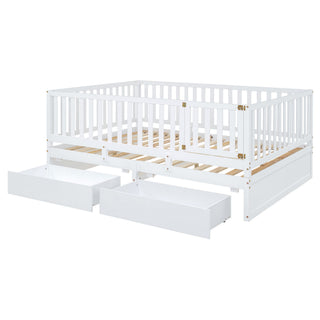 Daybed With Fence Guardrails And 2 Drawers, Split Into Independent Floor Bed & Daybed