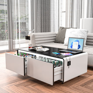 Modern Smart Coffee Table With Built-In Fridge, tooth Speaker, Wireless Charging Module, Touch Control Panel, Power Socket, USB Interface, Outlet Protection, Atmosphere Light