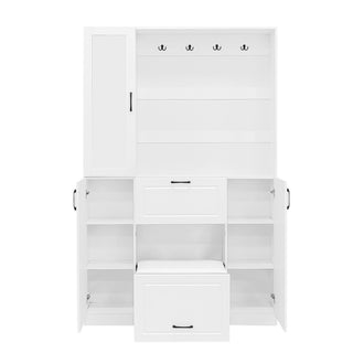 Entryway Bench With Integrated Shoe Cabinet, 3 In 1 Design And Mirrored Cabinet Door, Hall Tree With 4 Sturdy Hooks And Foldable Seat For Entrance, Living Room - White