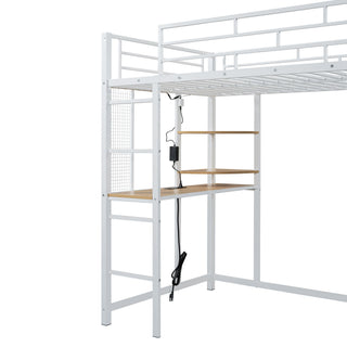Loft Bed With Desk, Shelves, Power Outlet, LED Light And Wardrobe
