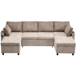 Sectional Sofa Bed With Pull Out Sleeper, USB Ports, Cup Holders