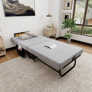 Twin Folding Bed With Headboard & USB Charging Station - Gray