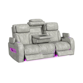 Prime Time - P3 Sofa With Ddt, 3.0 Table, 7 Colors (Led And Cup Holders), Reading Light, Vibration, Speaker, And Heat Massage - Leather Gel Light Gray
