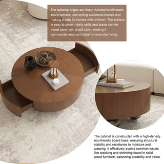 Drum Shaped Coffee Table With Hidden Storage Drawer, Low Profile For Living Room - Walnut
