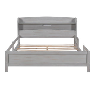 Wood Platform Bed With Built In LED Light, Storage Headboard And Guardrail