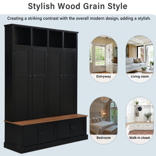 Hall Tree With Bench And Cabinet, 4 In 1 Entryway Bench With Coat Rack