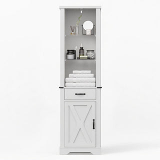Pantry Cabinet With LED Lights And Barn Door With Tempered Glass Shelves - White