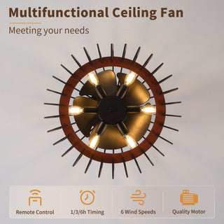 Ceiling Fan, Fandelier With 6 E12 Sockets, Reversible DC Motor, 6 Speeds, Remote Control, Adjustable Hanging - Black / Brown