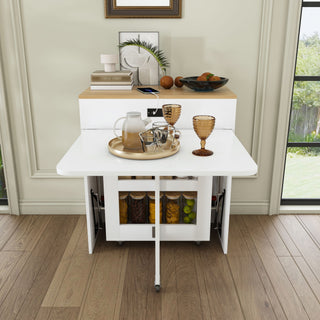 Extendable Dining Table With Power Socket, Lockable Casters, Storage Cabinet