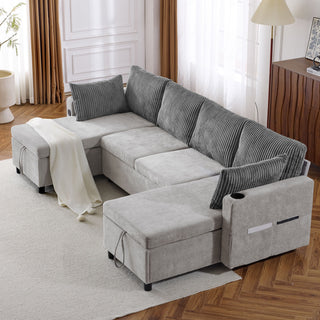 Sectional Sofa Bed With Pull Out Sleeper, USB Ports, Cup Holders