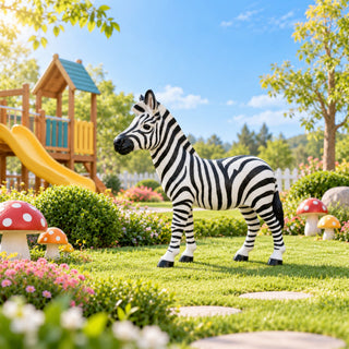 Standing Zebra Garden Statue, Animal Sculpture With 2 Ground Stakes For Outdoor Decor - Black White
