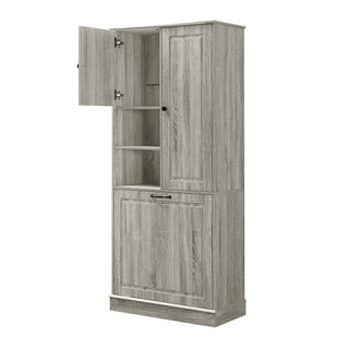 Modern Tall Storage Cabinet With Adjustable Shelves, Flip-Out Basket & Enclosed Doors