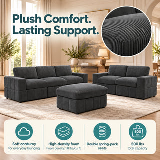 Oversized Modular Sectional Sofa Set With Loveseat & Ottoman, 6 Piece Living Room Furniture - Dark Gray