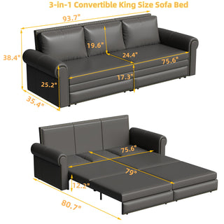 3 In 1 Convertible Sleeper Sofa With Nailhead Trim & Rolled Arm