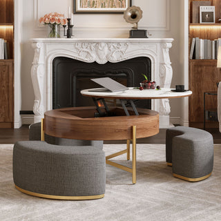 Lift Top Round Coffee Table With Hidden Storage, 3 Upholstered Nesting Ottomans - Brown / Gray / Golden / White