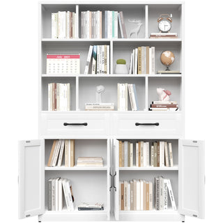 Bookcase Tall With 2 Doors & 2 Drawers, Fixed Open Shelves - White