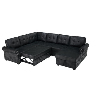 U Shape Sectional Sleeper Sofa With Pull Out Bed And Storage Chaise - Black