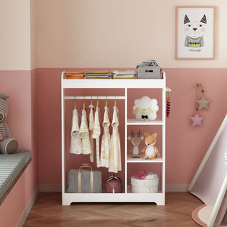 Dress Up Storage With Mirror And Hooks, Clothes Rack With Hanging Rod, 3 Side Hooks, Open Shelves, Top Shelf Organizer - White
