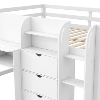 Low Loft Bed With Built In Desk, Storage Cabinets, Open Bookcase And Doodle board