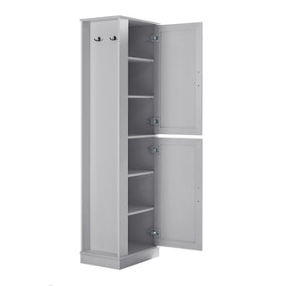 Tall Freestanding Bathroom Storage Cabinet With Adjustable Shelves And Side Hooks