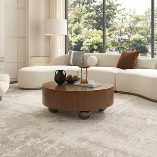 Drum Shaped Coffee Table With Hidden Storage Drawer, Low Profile For Living Room - Walnut