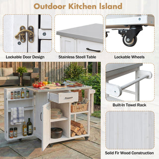 Outdoor Kitchen Island Prep Station With Lockable Wheels, Ample Storage, Towel & Spice Racks