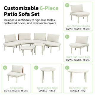 6 Piece Patio Set, Half Moon Outdoor Sectional Sofa With 2 High Low Coffee Tables, 4 Pillows & Cushions