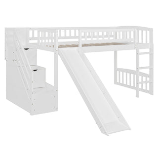 Loft Stairway Bed With 2 Drawers, Convertible Ladder And Slide