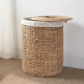 Round Tall Water Hyacinth Woven Wicker Laundry Hamper With Lid - For Clothes, Toys And Book Storage With Removable Liner - 15" X 15" X 20" - Natural Brown