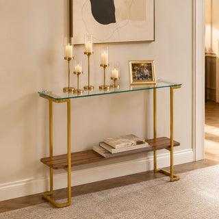 Console Table With Shelf, 2 Tier Living Room - Gold / Walnut