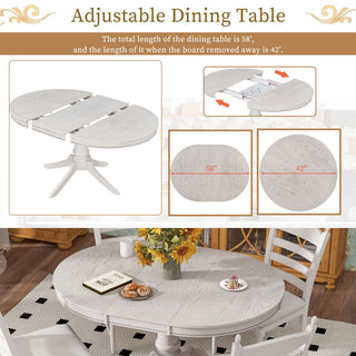 Trexm 5-Piece Retro Functional Dining Table Set Wood Round Extendable Dining Table And 4 Upholstered Dining Chairs (Antique White)