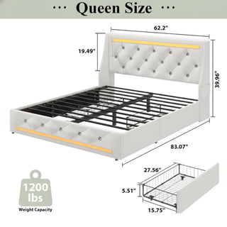 Wingback Upholstered Bed Frame With LED Lights, Charging Station