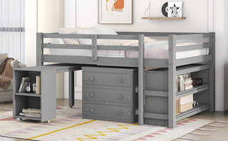 Loft Low Study Bed With Cabinet, Shelves And Rolling Portable Desk, Multiple Functions