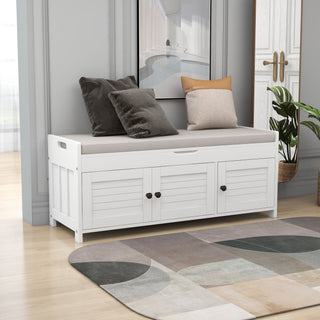 Storage Bench With 3 Shutter-Shaped Doors, Shoe Bench With Removable Cushion And Hidden Storage Space