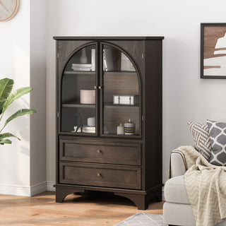 Glass Door Display Case With 2 Drawers And Adjustable Shelf