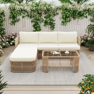 Outdoor Modular Conversation Sofa With Cushions And Coffee Table - Beige