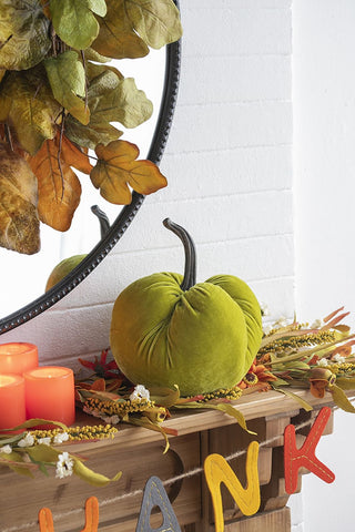 Velvet Weighted Pumpkin With Resin Stem Apple, Pumpkin Ornament Decor For Holiday Harvest Festival Fall Festival & Thanksgiving (Set of 2) - Green