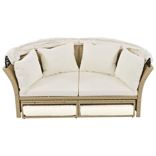 Outdoor Patio Daybed Wicker Rattan Double Daybed Round Sofa Furniture Set With Retractable Canopy, 4 Pillows For Lawn Garden