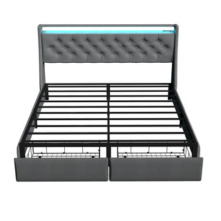 Bed Frame With Storage Headboard, RGB LED Light & USB Charging Station