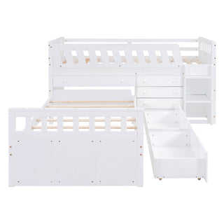 Loft Platform Bed With 7 Drawers And Full Guardrails, Modern L Shaped Space Savin