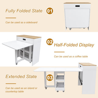 Extendable Dining Table With Power Socket, Lockable Casters, Storage Cabinet