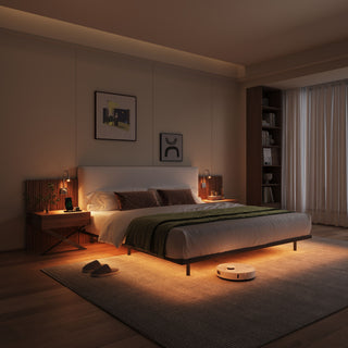 Floating King Size Bed With Integrated Side Tables And Smart Lighting - Beige Gray / White