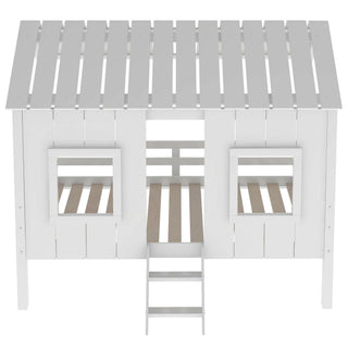 Twin Size Low Loft House Bed With Roof And 2 Front Windows - White