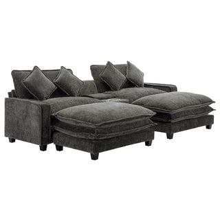 Sectional Sofa Upholstered Sofa With Two Removable Ottoman, Two USB Ports, Two Cup Holders And Large Storage Box For Living Room