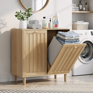 Sloping Laundry Basket With Removable Inner Bin, Concealed Storage Cabinet For Bathroom - Oak