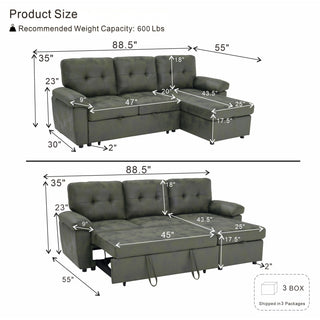 Convertible L - Sectional Sofa Bed With Storage Chaise And Padded Armrests