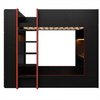 Full Size Gaming Bunk Bed With Desk, Storage Shelves, LED And Charging Station - Black